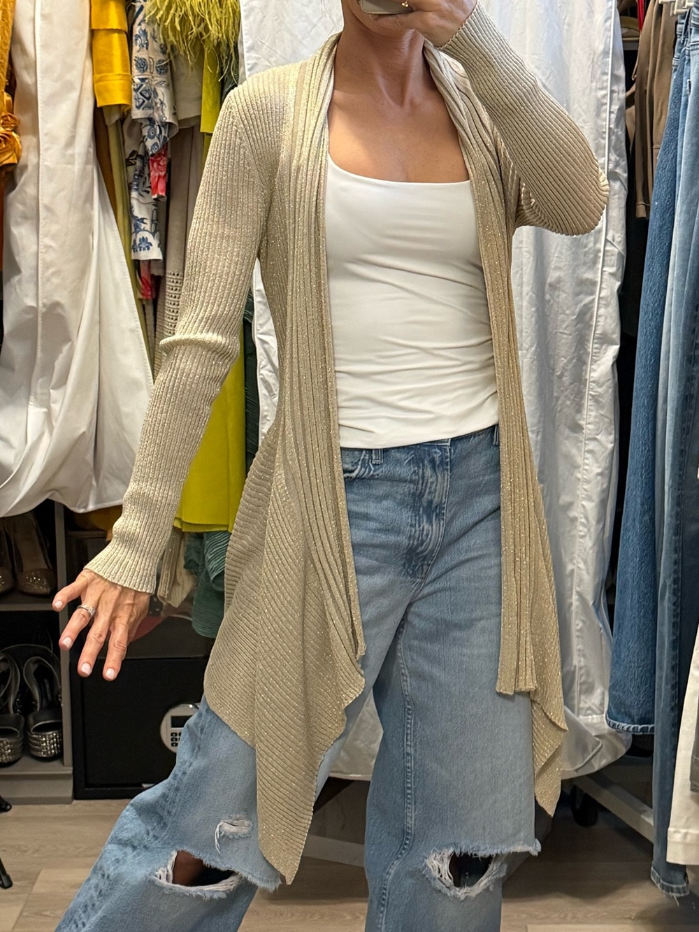 Metallic Gold Beige Open-Front Lightweight Ribbed Cardigan Sweater